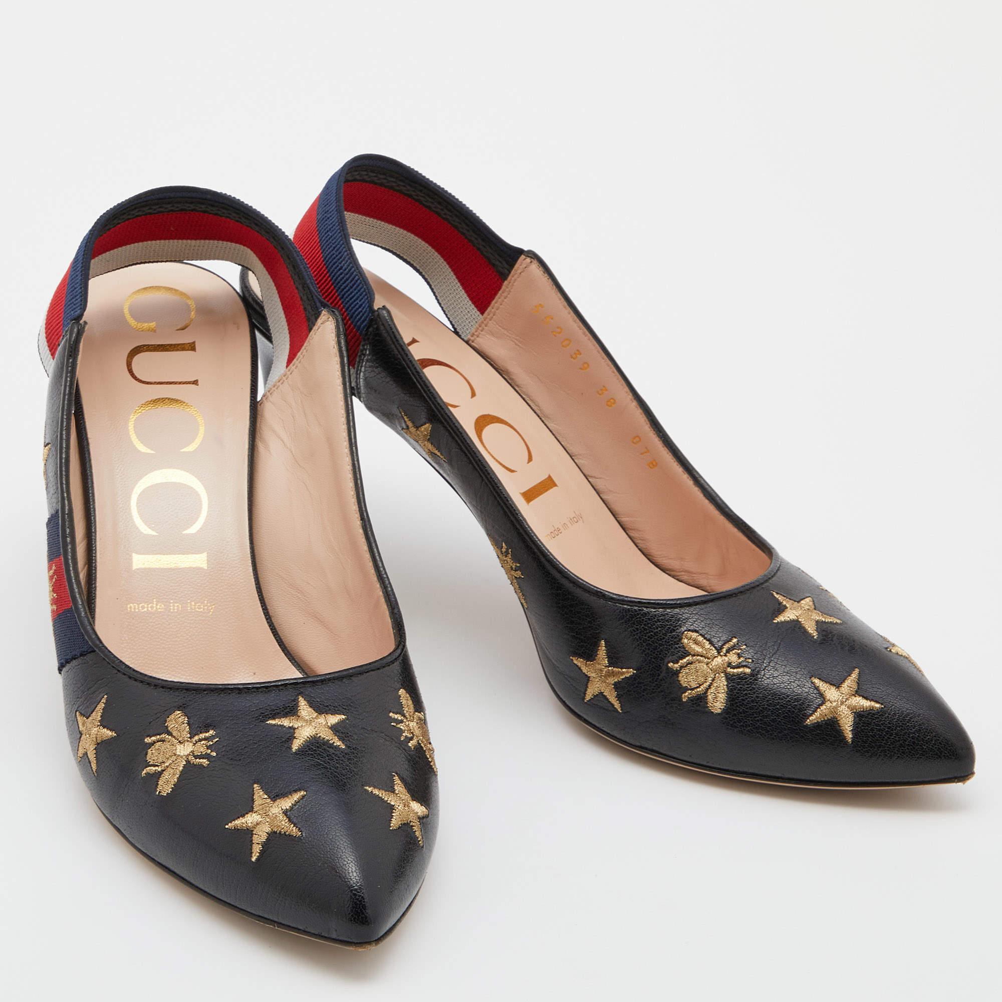 Gucci Black Bee Star Embroidered Leather Web Sylvie Slingback Pumps Size 38 In Good Condition For Sale In Dubai, Al Qouz 2