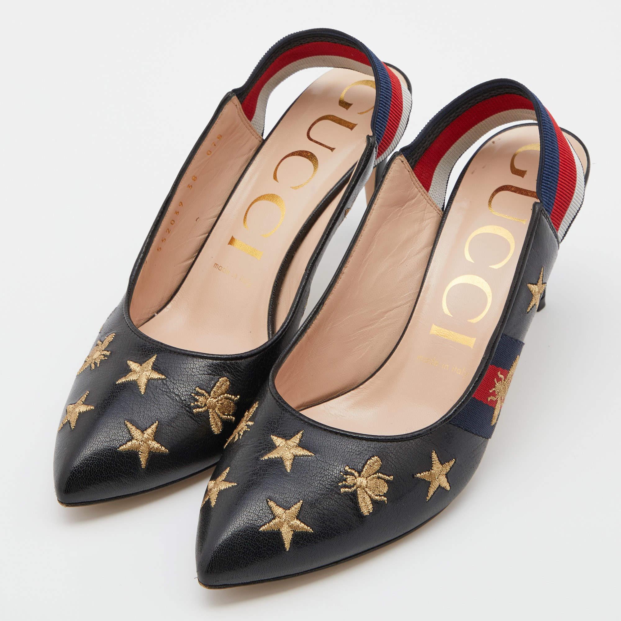 Women's Gucci Black Bee Star Embroidered Leather Web Sylvie Slingback Pumps Size 38 For Sale