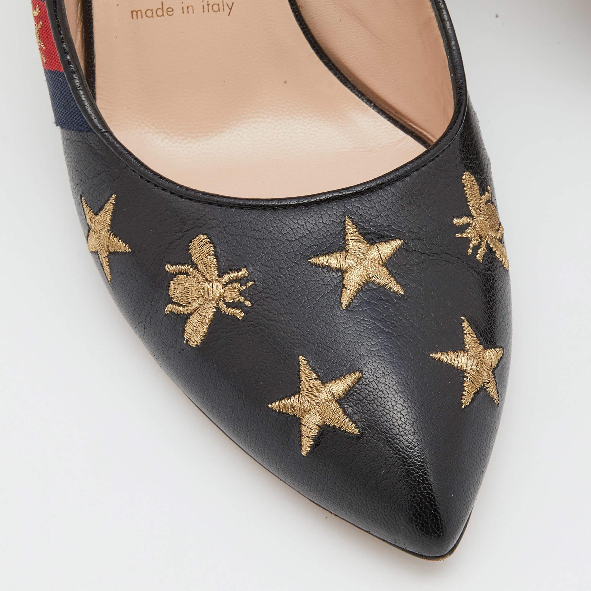 Gucci Black Bee Star Embroidered Leather Web Sylvie Slingback Pumps Size 38 For Sale 3