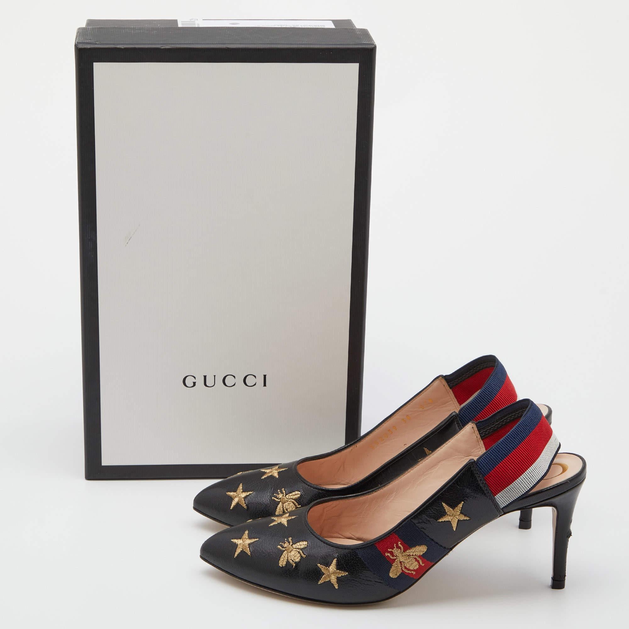 Gucci Black Bee Star Embroidered Leather Web Sylvie Slingback Pumps Size 38 For Sale 5