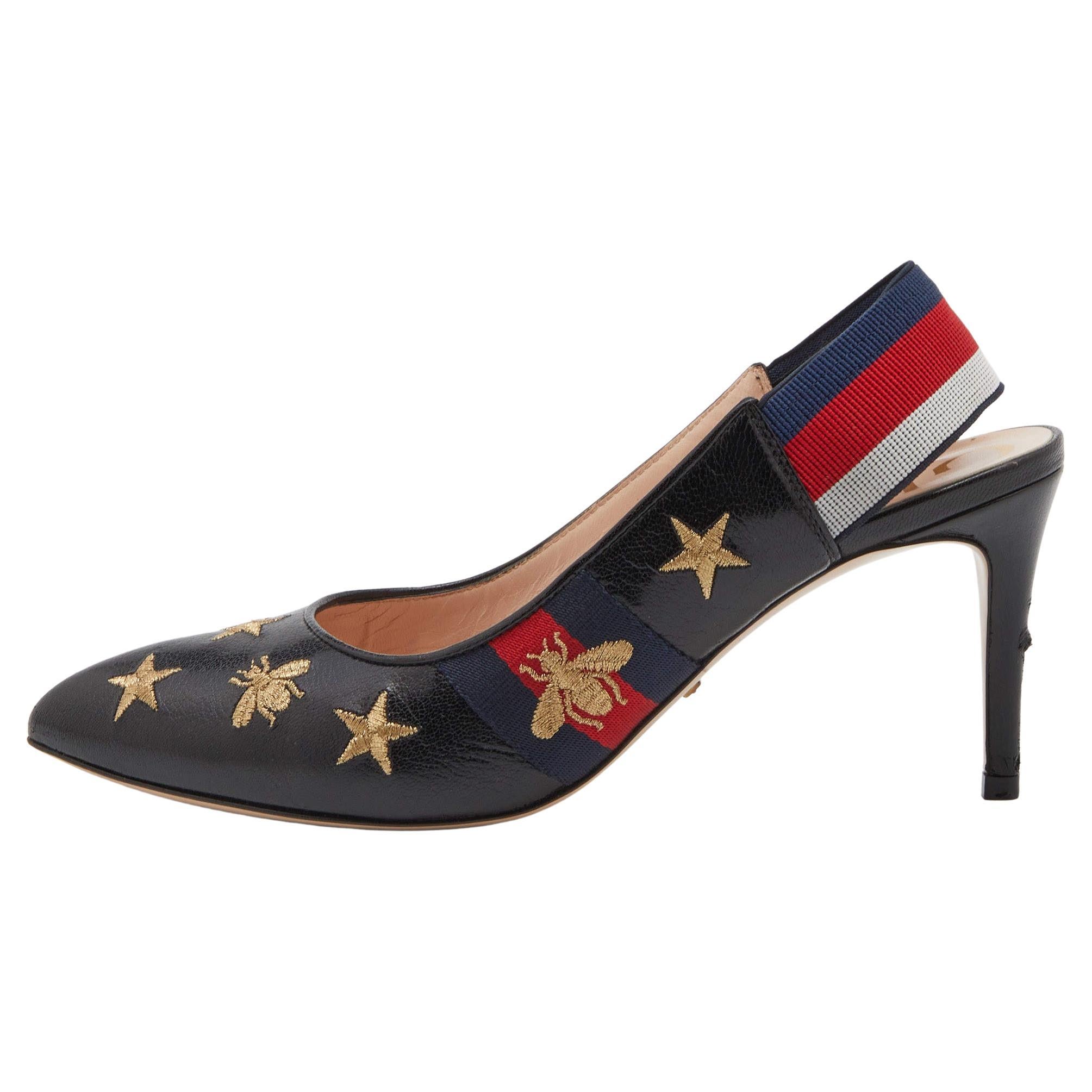 Gucci Black Bee Star Embroidered Leather Web Sylvie Slingback Pumps Size 38 For Sale