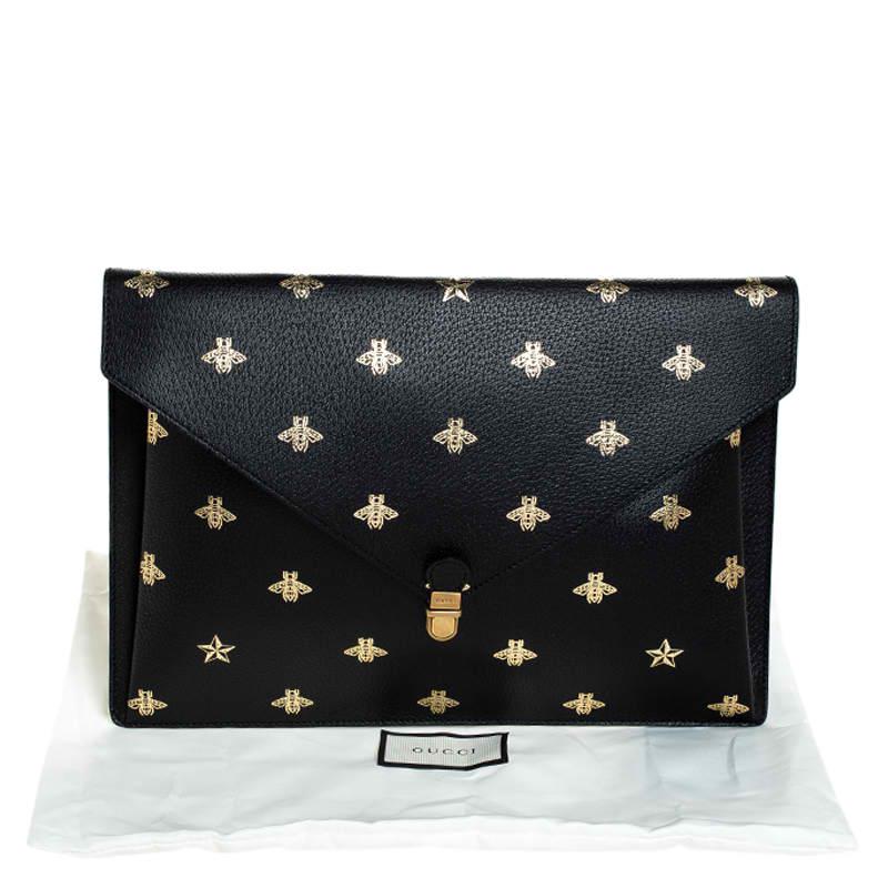 Gucci Black Bee Star Leather Portfolio Clutch 6