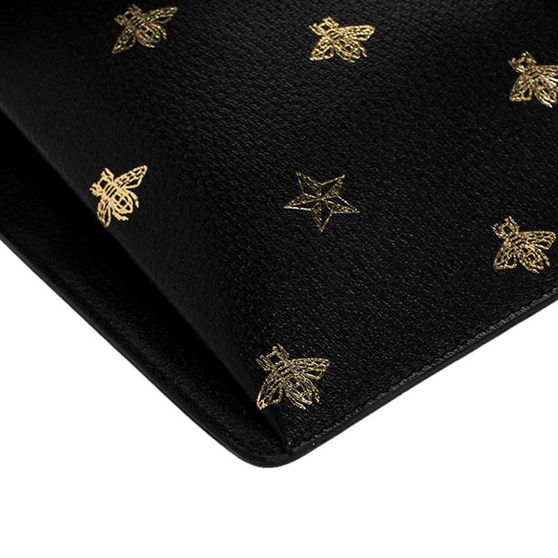 Women's Gucci Black Bee Star Leather Portfolio Clutch