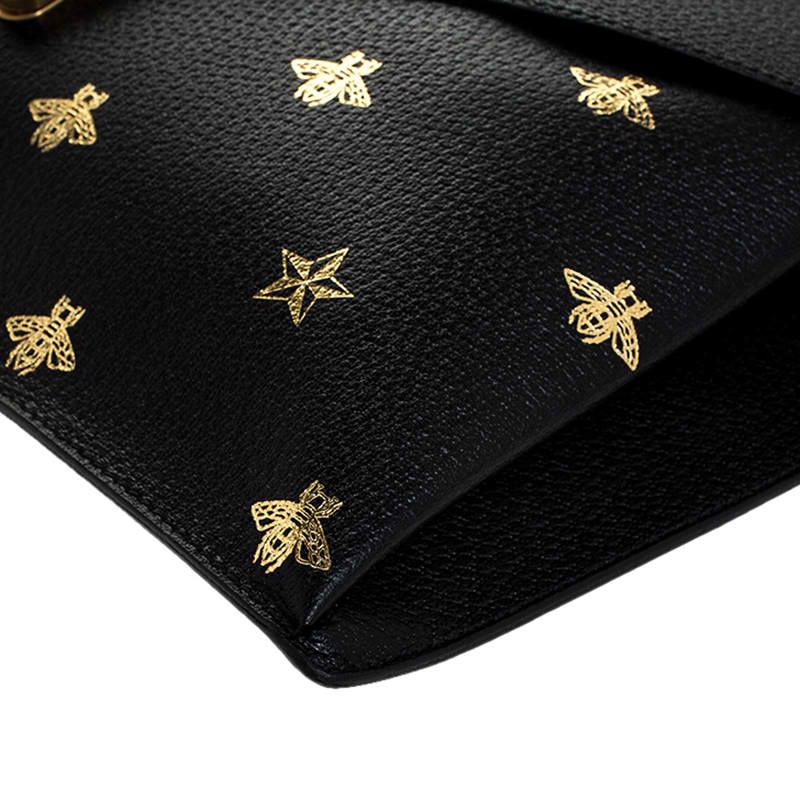 Gucci Black Bee Star Leather Portfolio Clutch 2