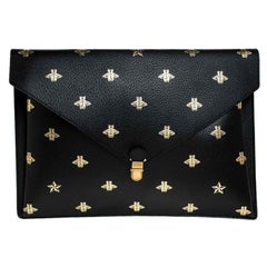 Gucci Black Bee Star Leather Portfolio Clutch