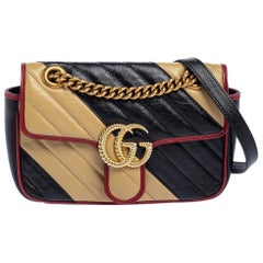 Gucci Black/Beige Diagonal Quilt Leather Small GG Marmont Torchon Shoulder Bag