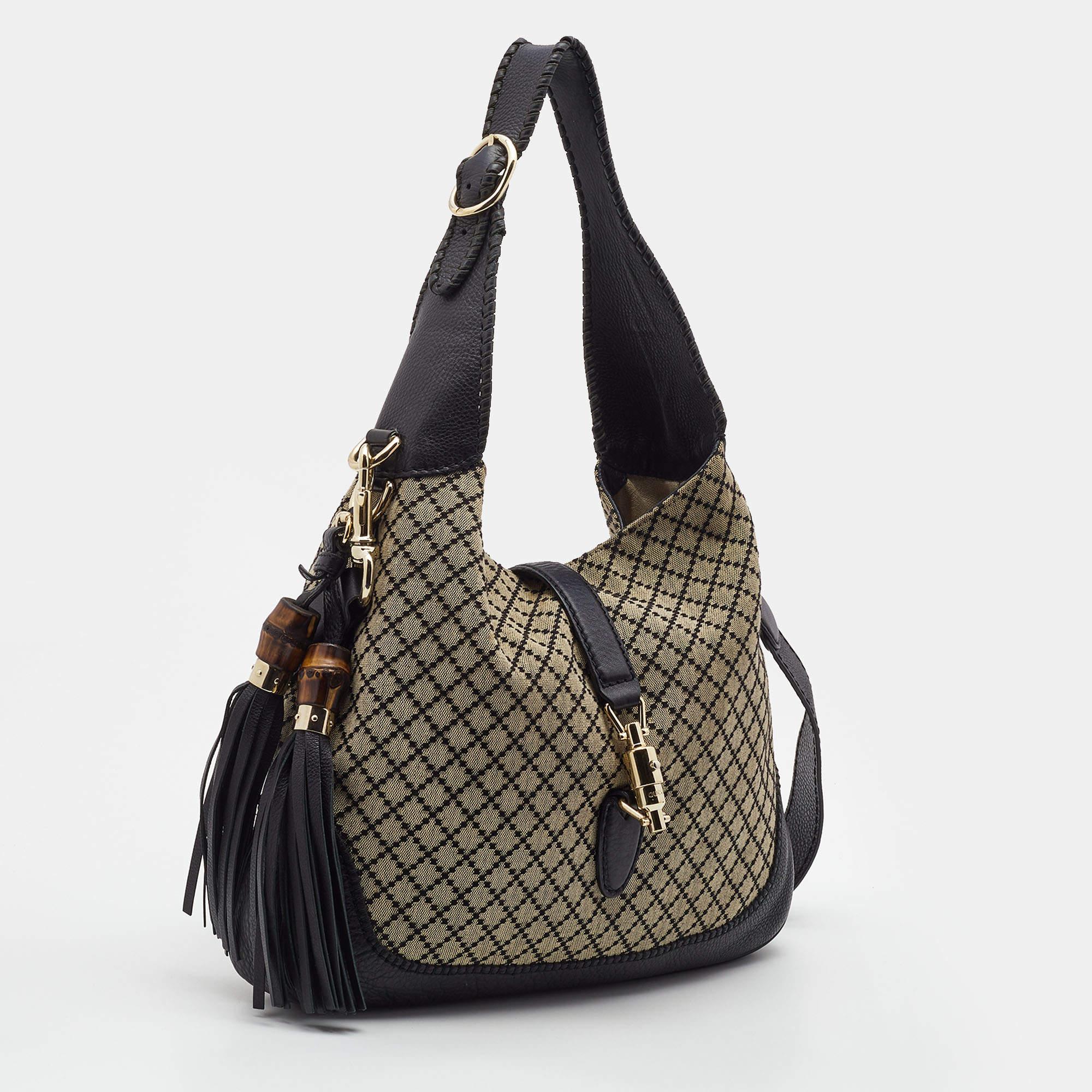 Women's Gucci Black/Beige Diamante Canvas New Jackie Shoulder Bag