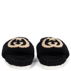 GUCCI black & beige EILEEN TEDDY SHEARLING SLIDES Sandals Shoes 41