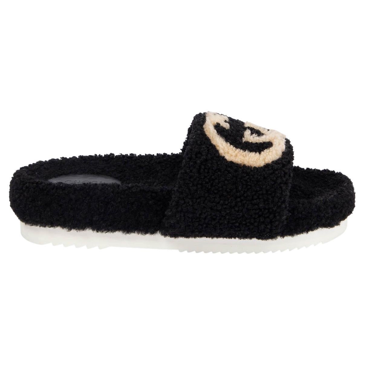 GUCCI black & beige EILEEN TEDDY SHEARLING SLIDES Sandals Shoes 41