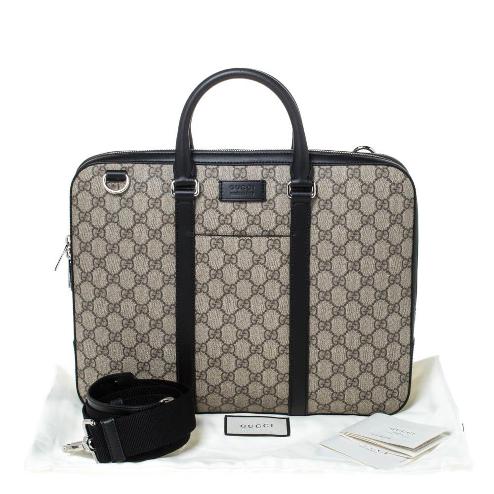 Gucci Black/Beige GG Supreme Canvas and Leather Briefcase For Sale 4