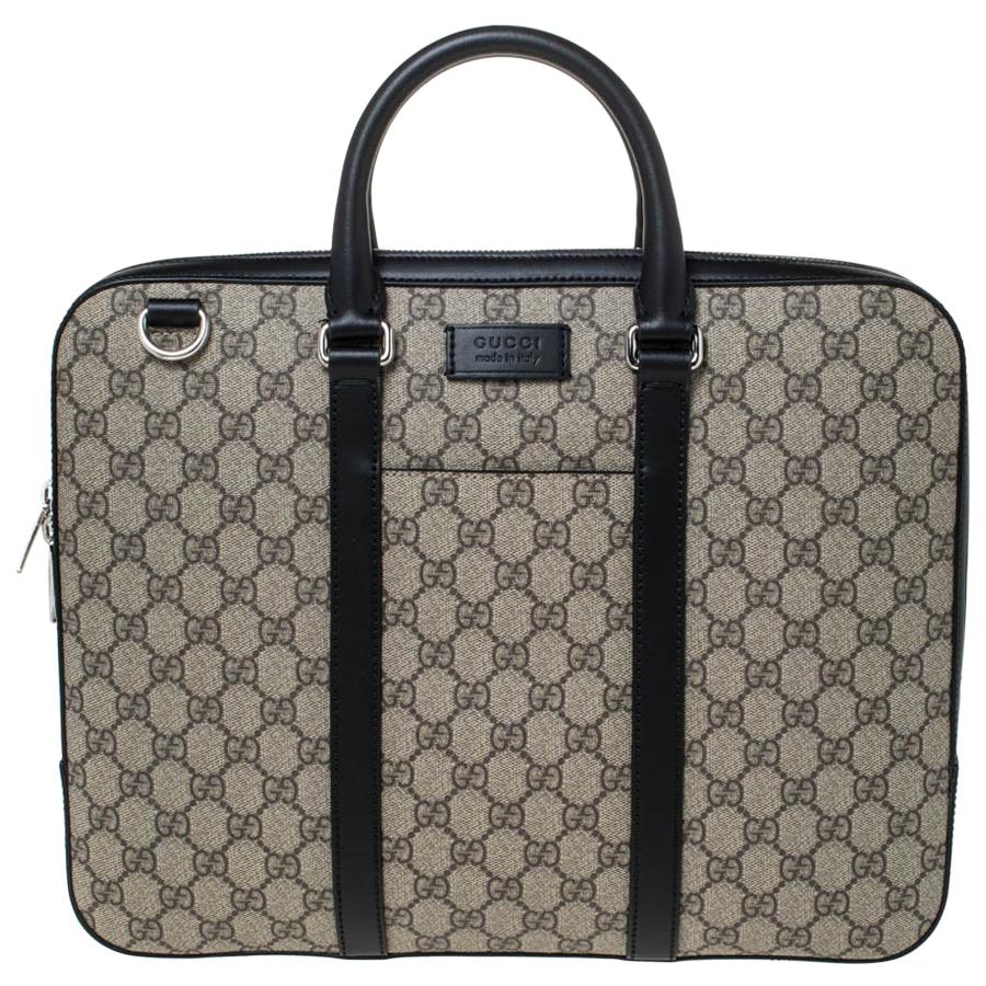 Gucci Black/Beige GG Supreme Canvas and Leather Briefcase For Sale