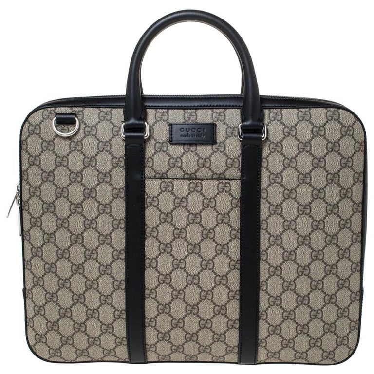 Gucci Black/Beige GG Supreme Canvas and Leather Briefcase For Sale at ...