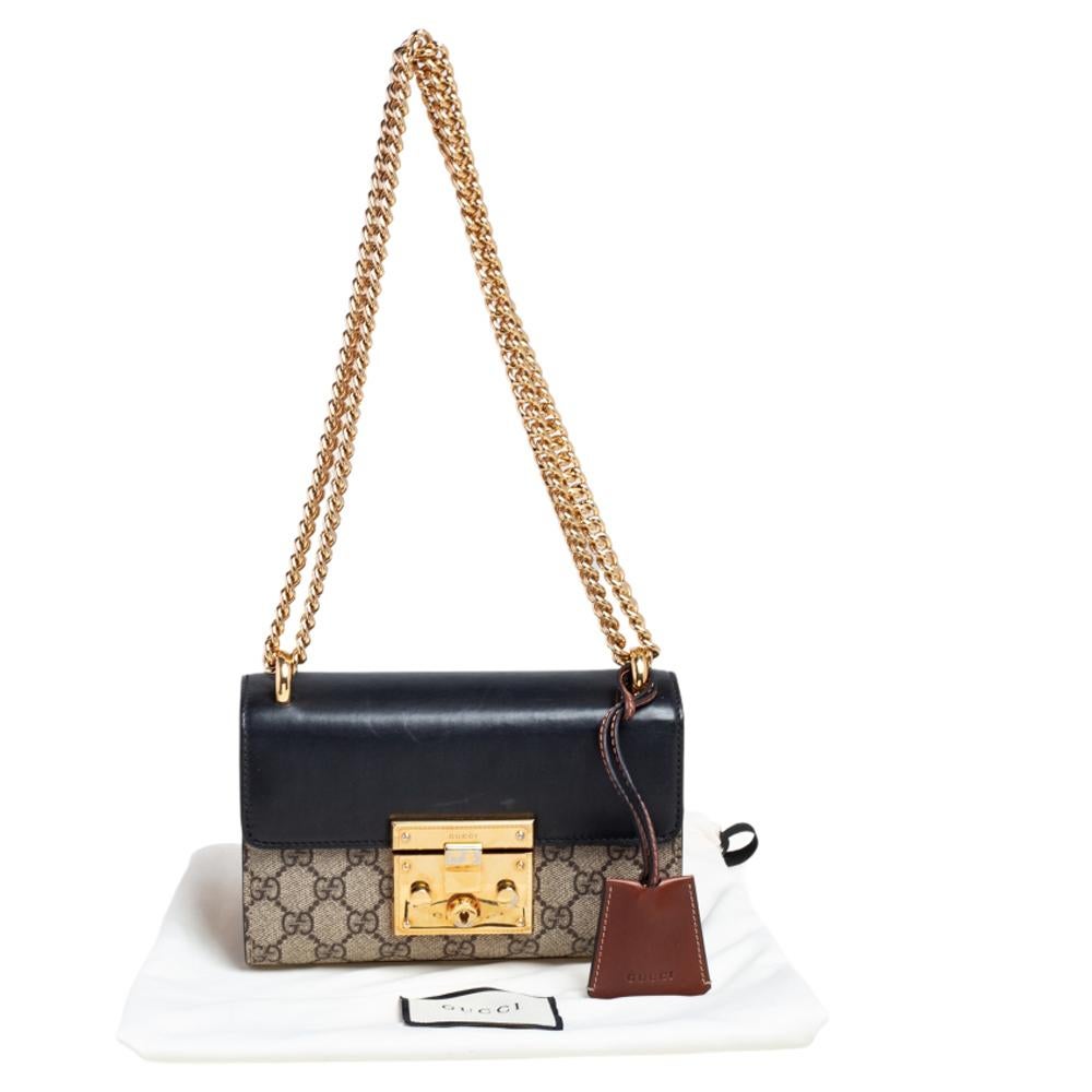 Gucci Schwarz/Beige GG Supreme Umhängetasche aus Segeltuch und Leder mit Vorhängeschloss 8