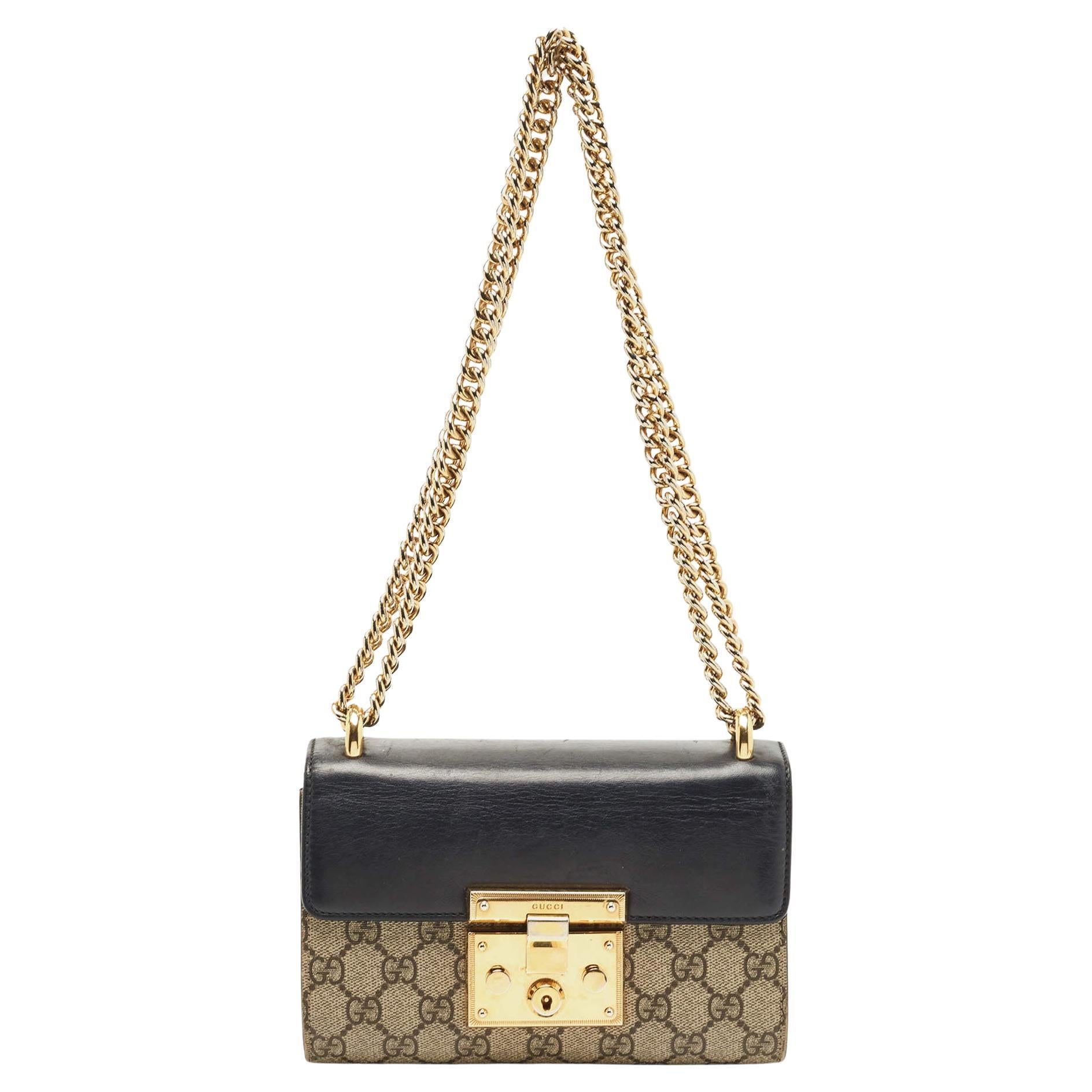 Gucci Black/Beige GG Supreme Canvas and Leather Small Padlock Shoulder Bag  at 1stDibs