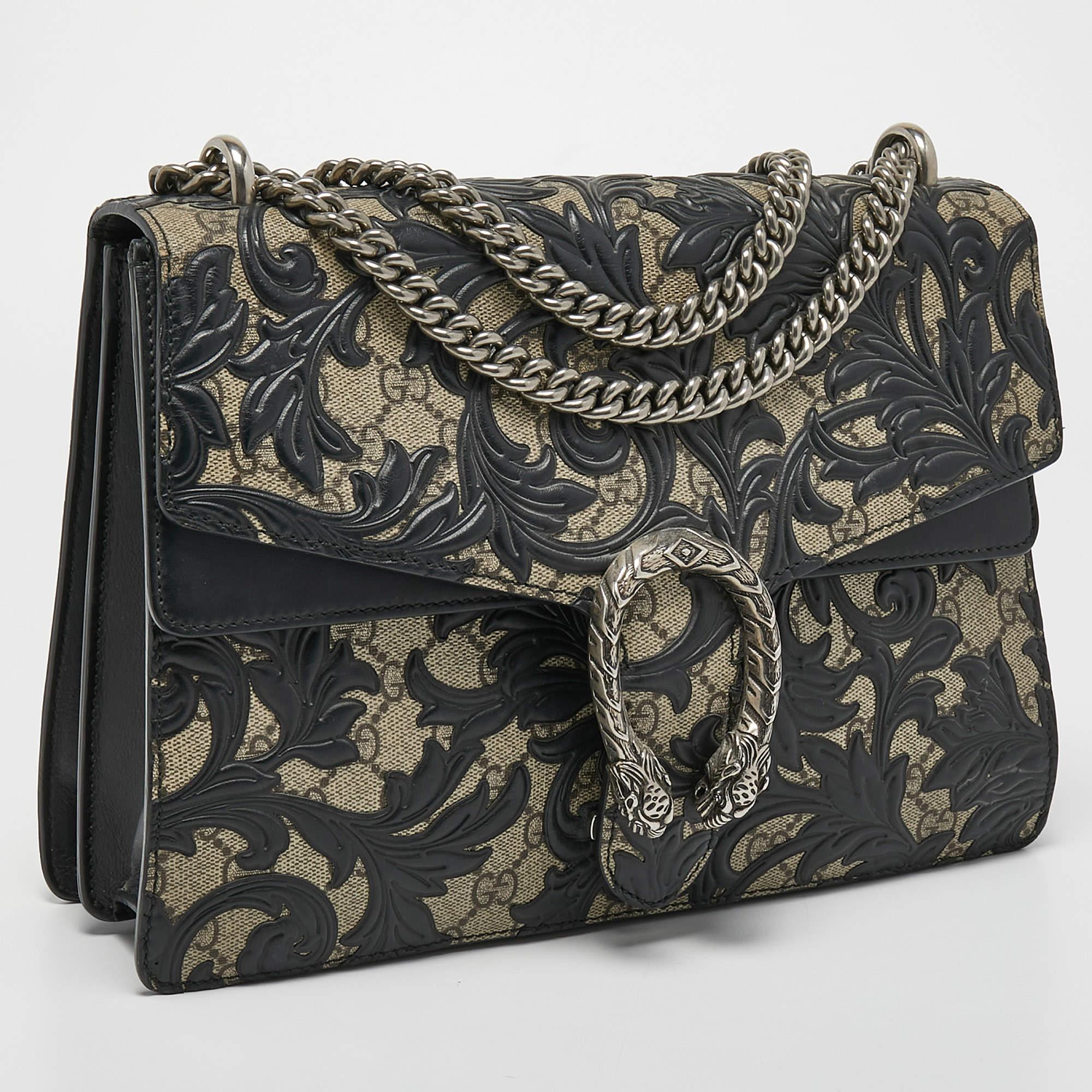 Women's Gucci Black/Beige GG Supreme Canvas Medium Dionysus Arabesque Shoulder Bag