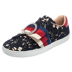 Gucci Black/Beige Lace And Fabric Crystal Bow Slip On Sneakers Size 36