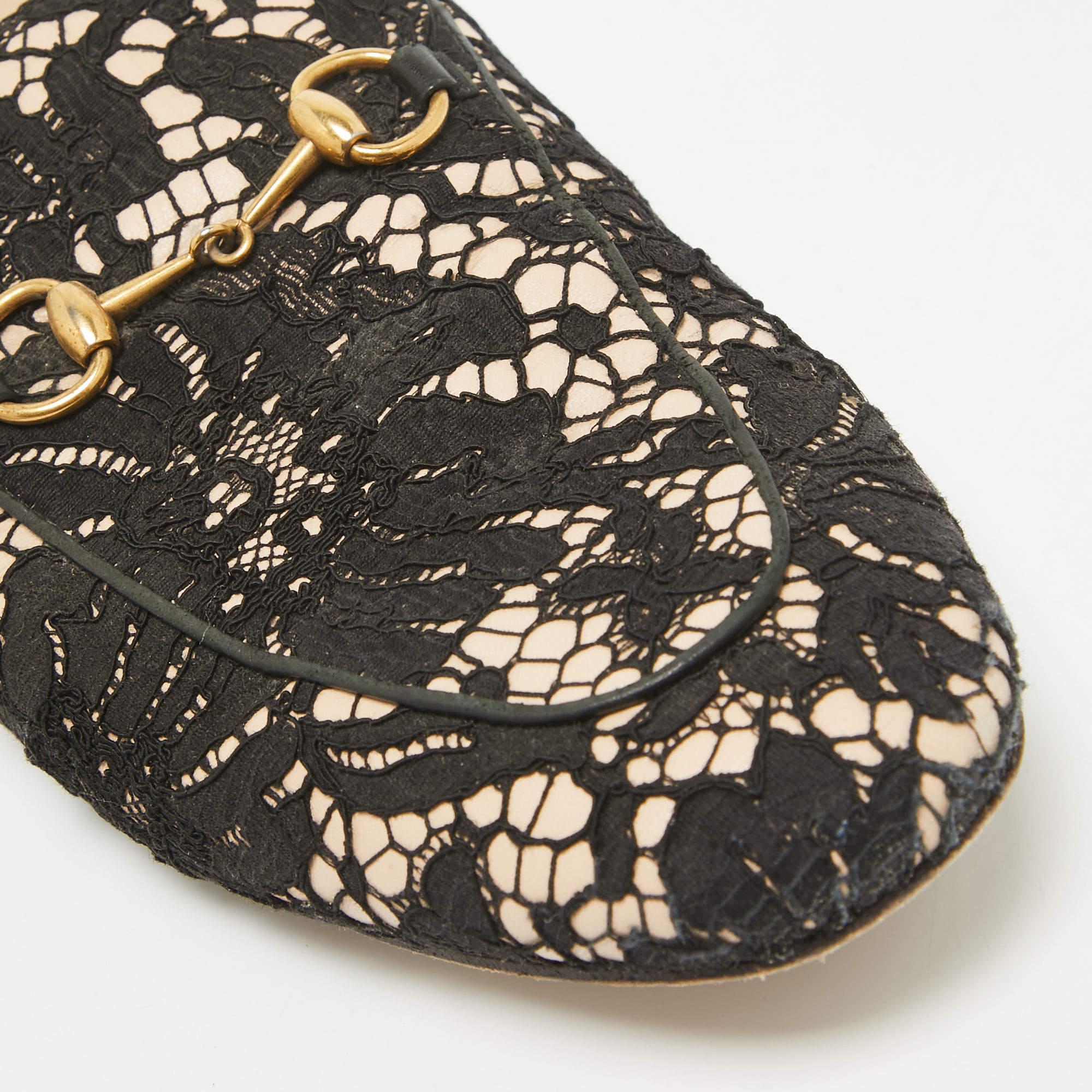 Gucci Black/Beige Lace and Leather Princetown Flat Mules Size 39.5 For Sale 3