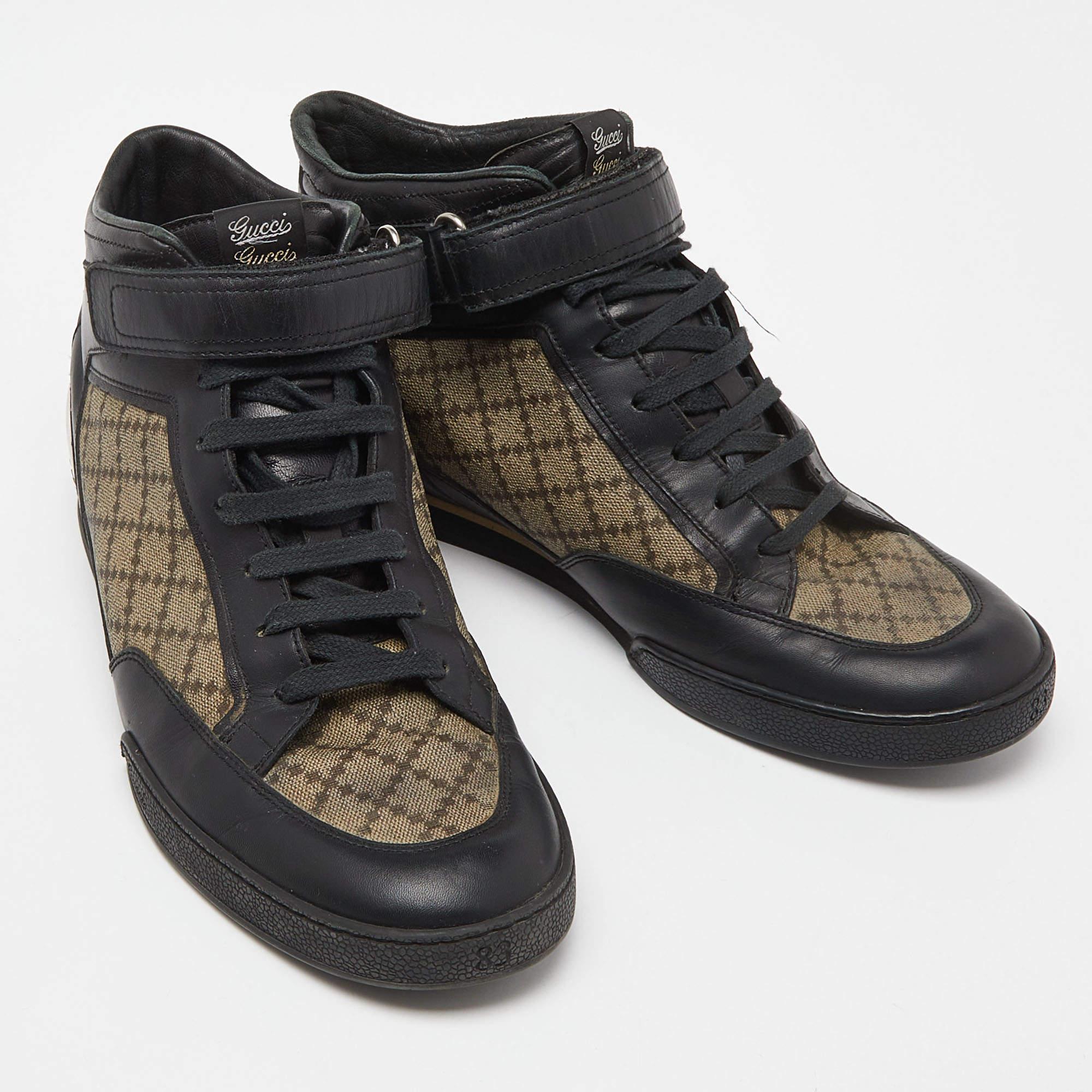 Men's Gucci Black/Beige Leather and Diamante Canvas High Top Sneakers Size 42 For Sale