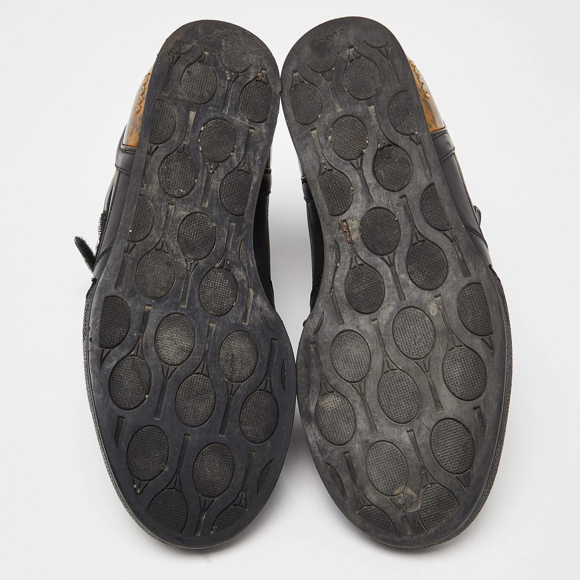 Gucci Black/Beige Leather and Diamante Canvas High Top Sneakers Size 42 For Sale 2