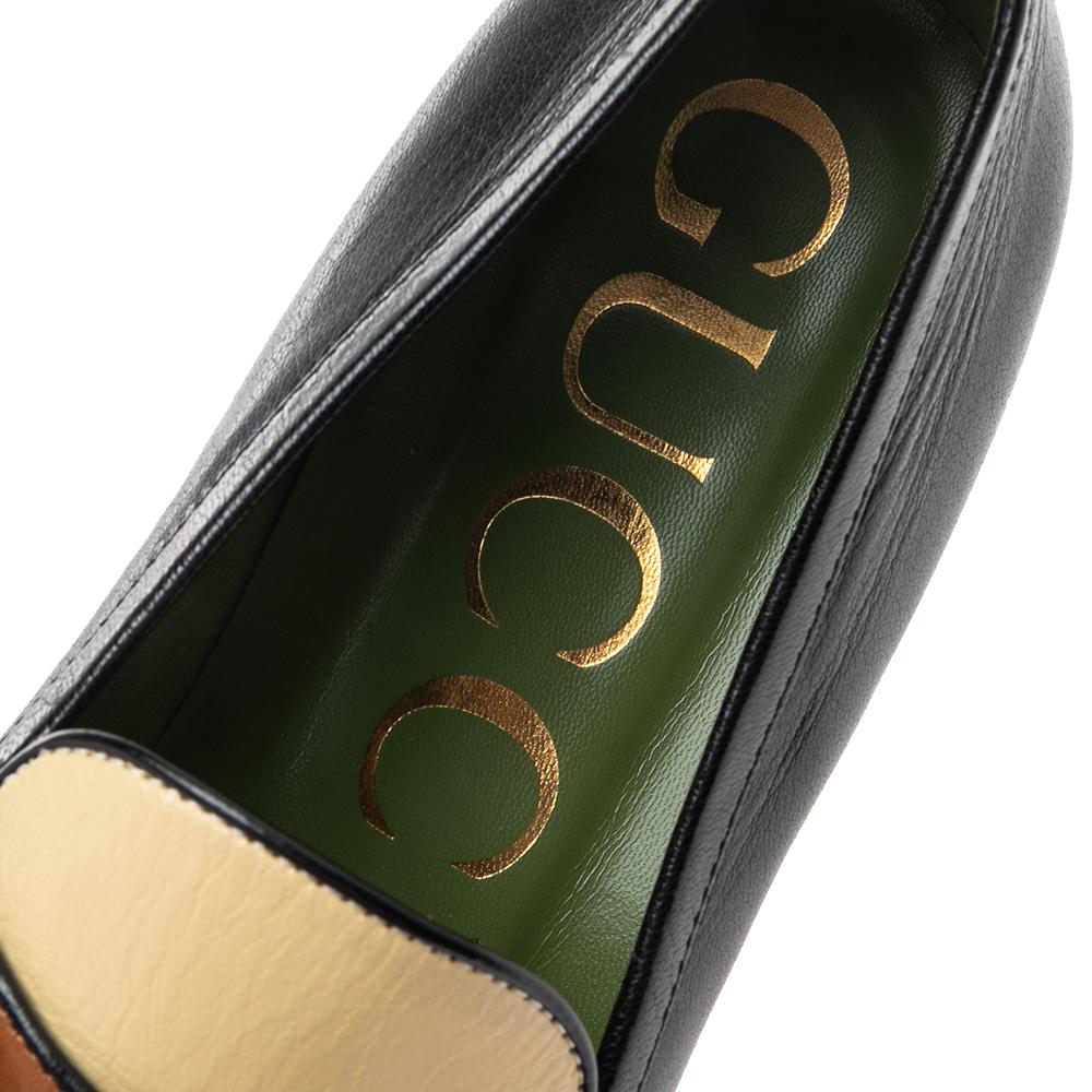 Women's Gucci Black/Beige Leather Houdan Horsebit Platform Loafer Pumps Size 38