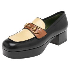 Gucci Schwarz/Beige Leder Houdan Horsebit Plateau Loafer Pumps Größe 38