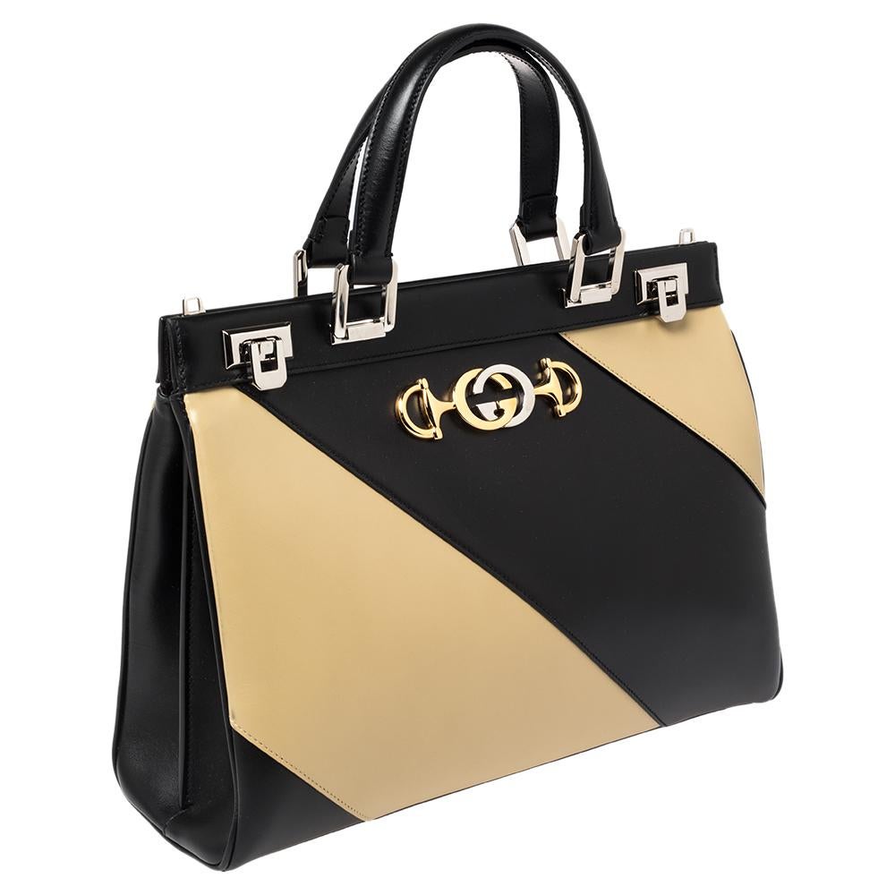 Women's Gucci Black/Beige Leather Zumi Diagonal Stripe Top Handle Bag