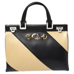 Gucci - Sac Zumi en cuir noir/beige avec poignée supérieure à rayures diagonales