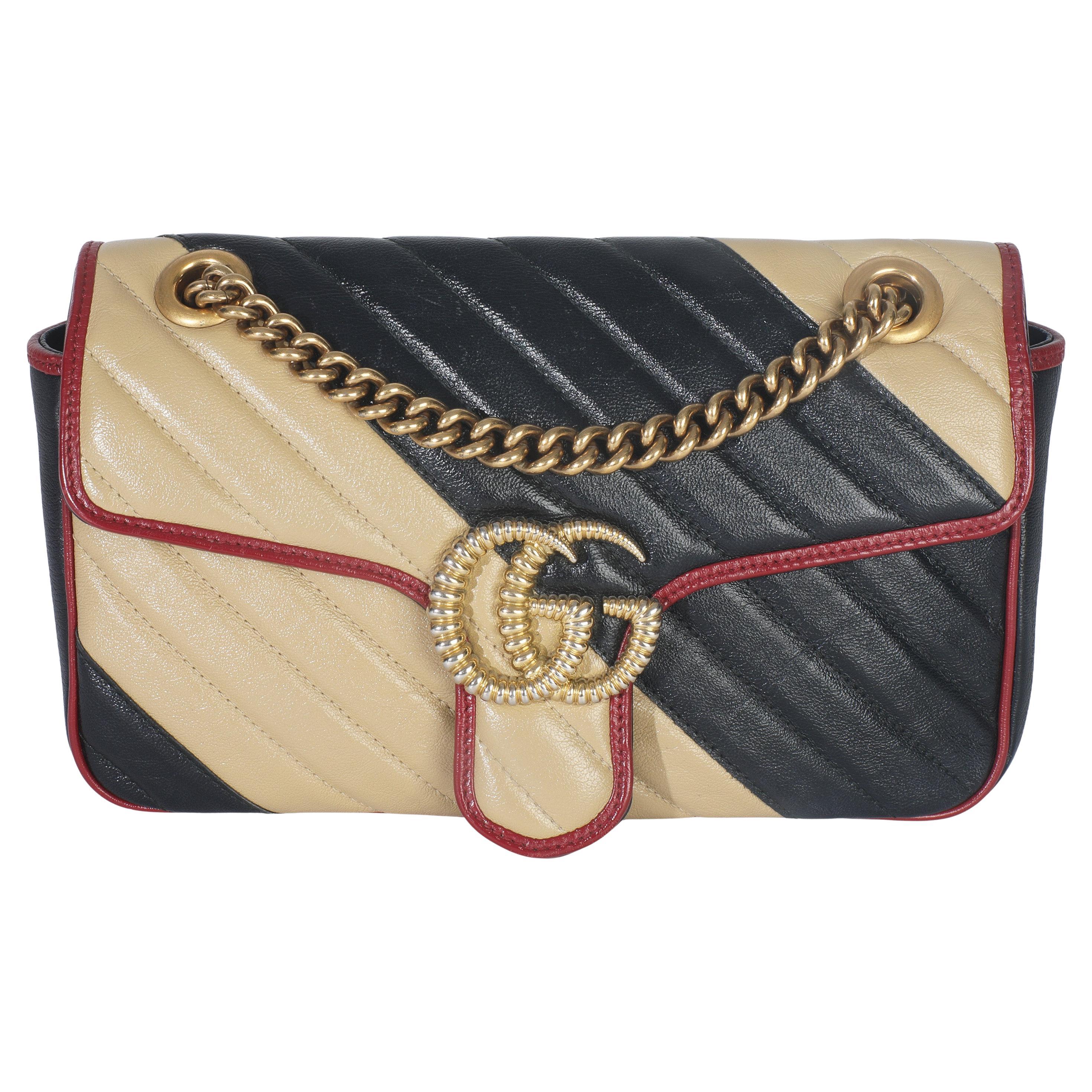 Gucci Schwarz Beige Matelasse Kalbsleder Torchon Small Marmont Umhängetasche