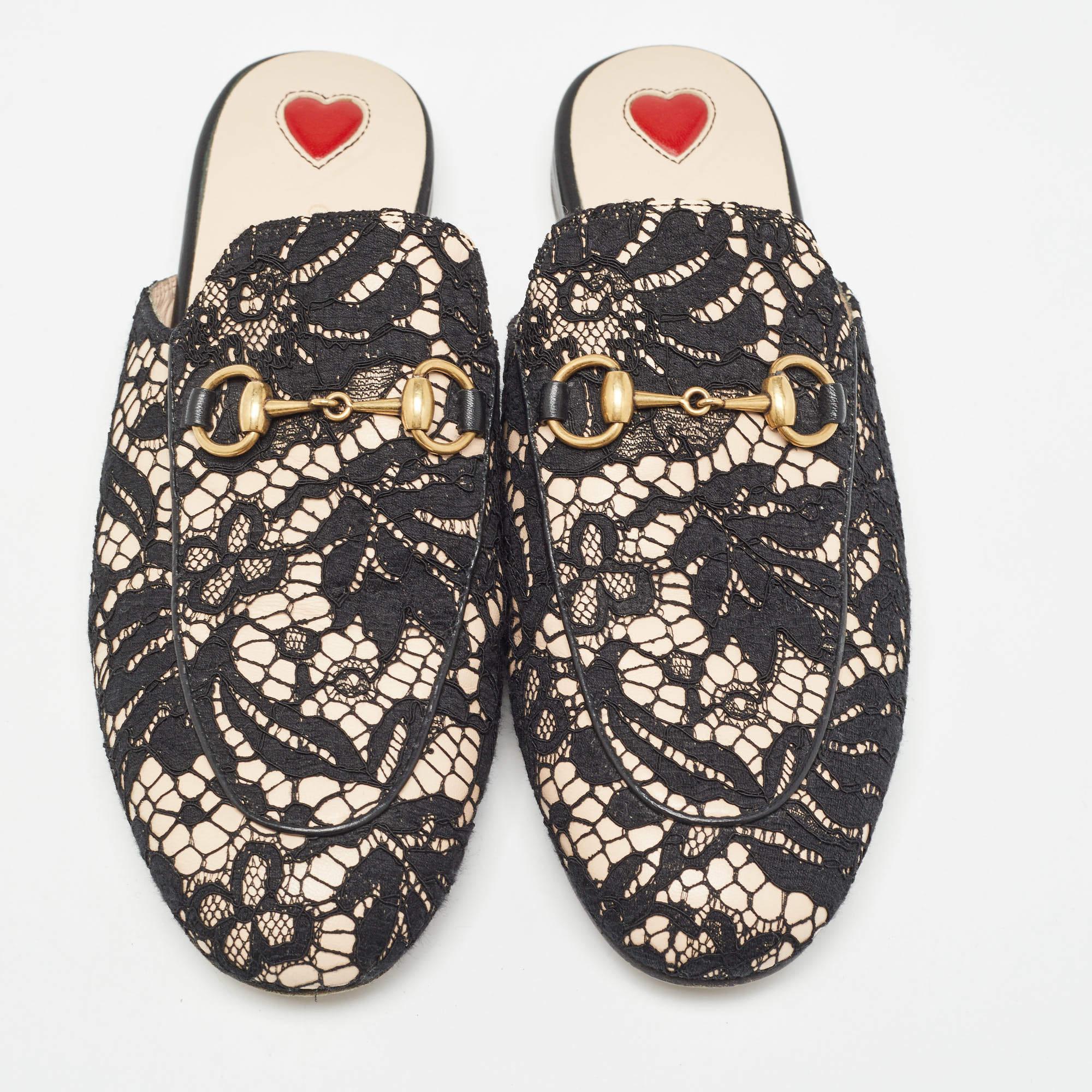Noir Gucci - Mules Princetown noires et beiges en maille et dentelle, taille 36