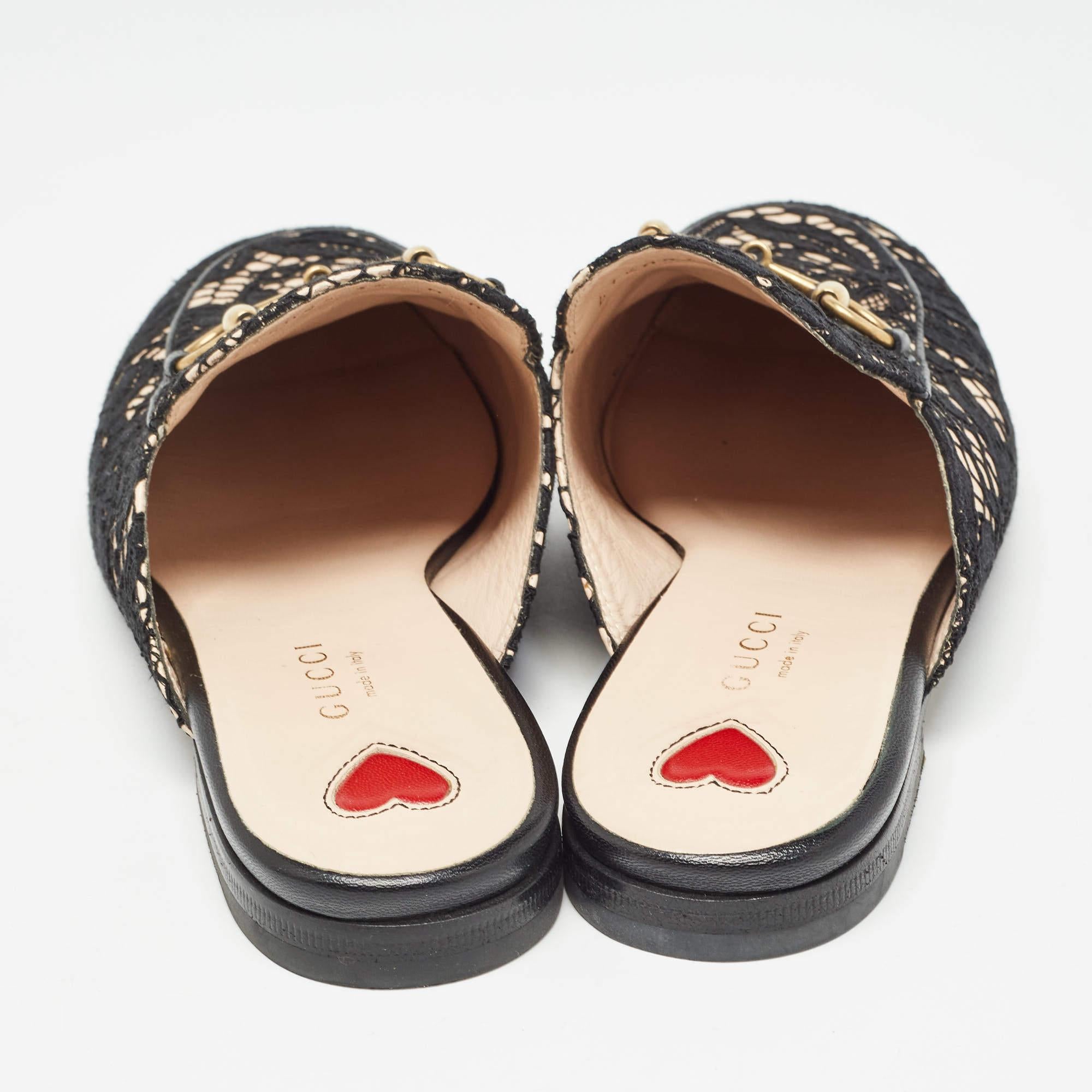  Gucci - Mules Princetown noires et beiges en maille et dentelle, taille 36 Pour femmes 