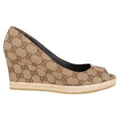 GUCCI black beige Monogram Canvas PEEP-TOE WEDGE Pumps Shoes 36.5