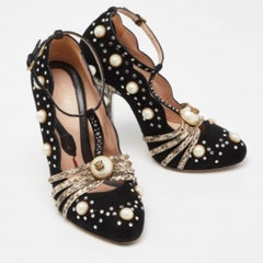 Gucci Black/Beige Snakeskin and Suede  Embellished Platform Pumps Size 37