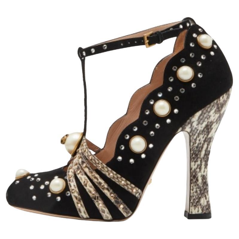 Gucci Schwarz/Beige Schlangenleder und Wildleder  Verschönerte Plateau Pumps Größe 37