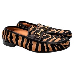 Gucci Black & Beige Tiger Print Horsebit Loafer