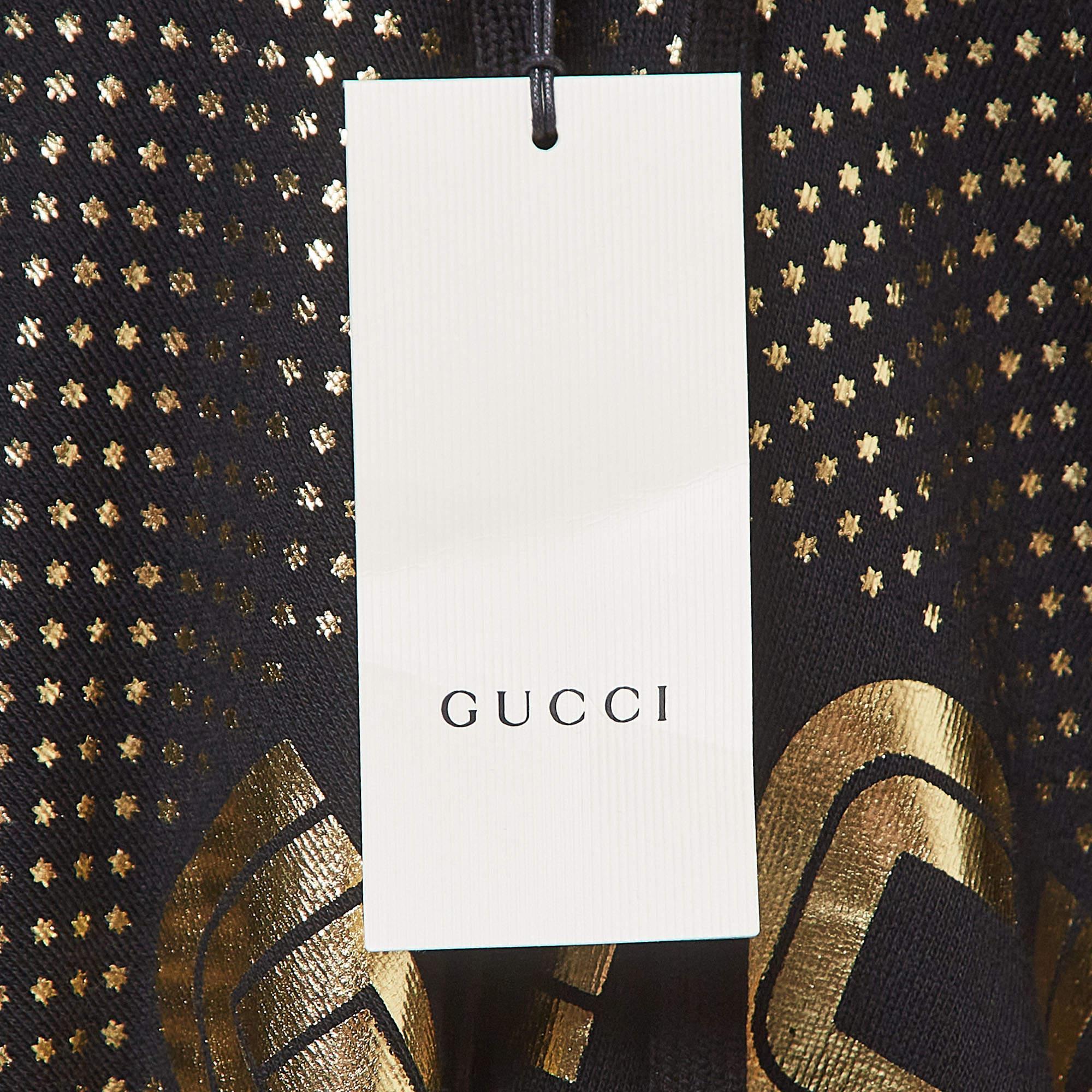 Gucci - Hoodie en coton imprimé étoiles noires, noires et dorées XS en vente 2