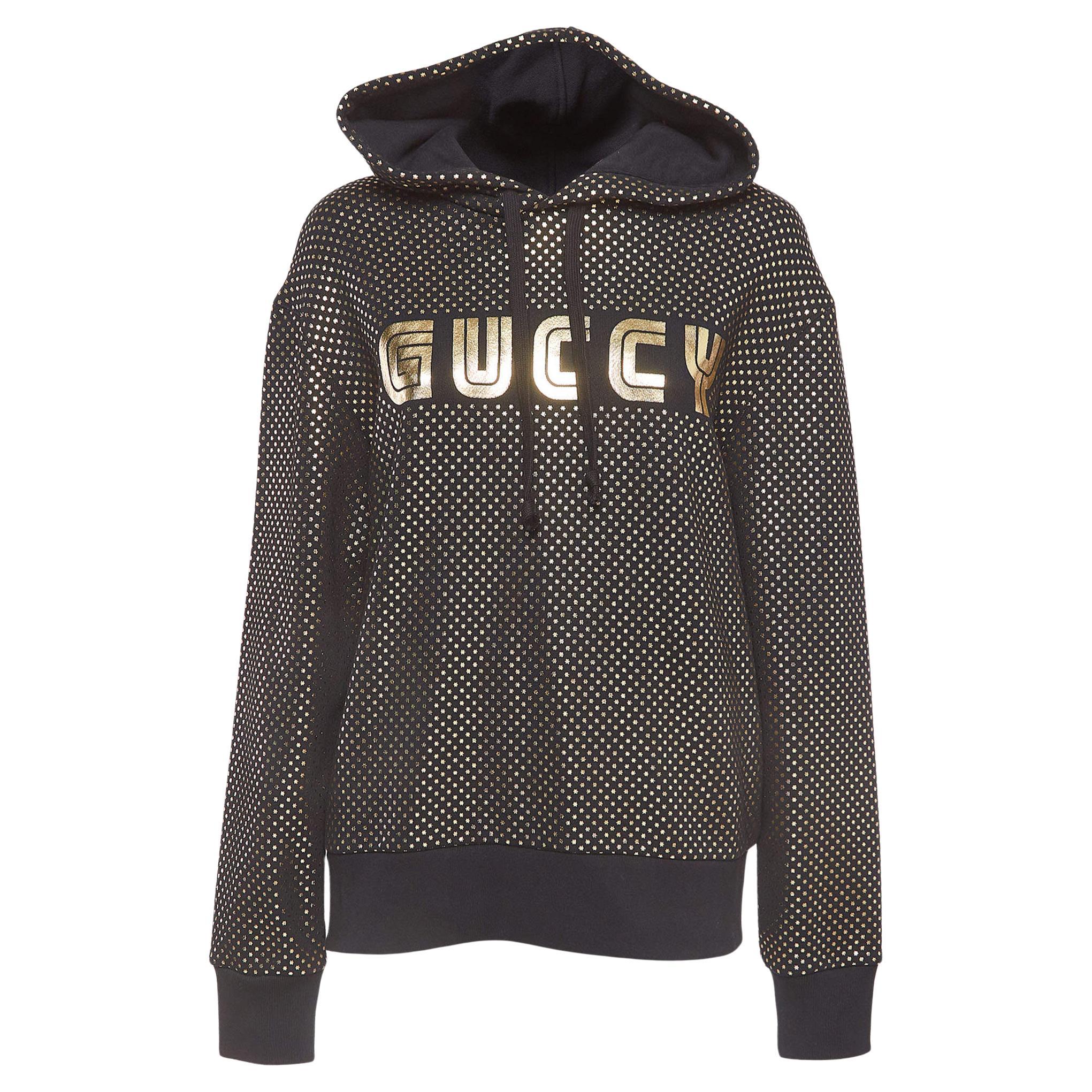 Gucci - Hoodie en coton imprimé étoiles noires, noires et dorées XS en vente