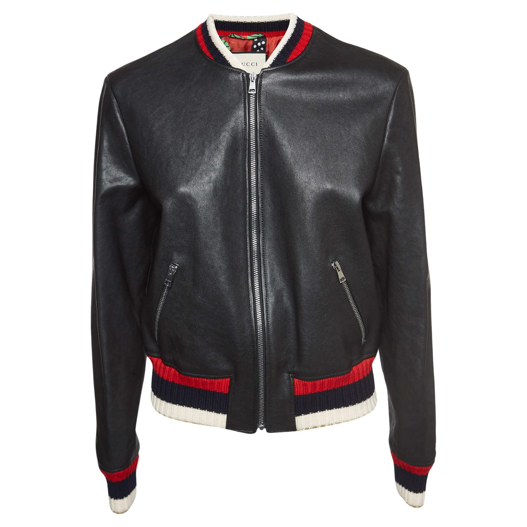 Gucci Black Blind For Love Embroidered Leather Bomber Jacket L For Sale