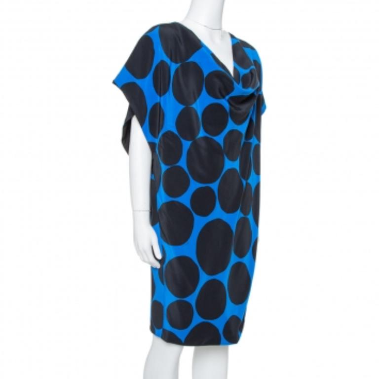 Women's Gucci Black & Blue Dot Print Silk Draped Mini Dress M For Sale