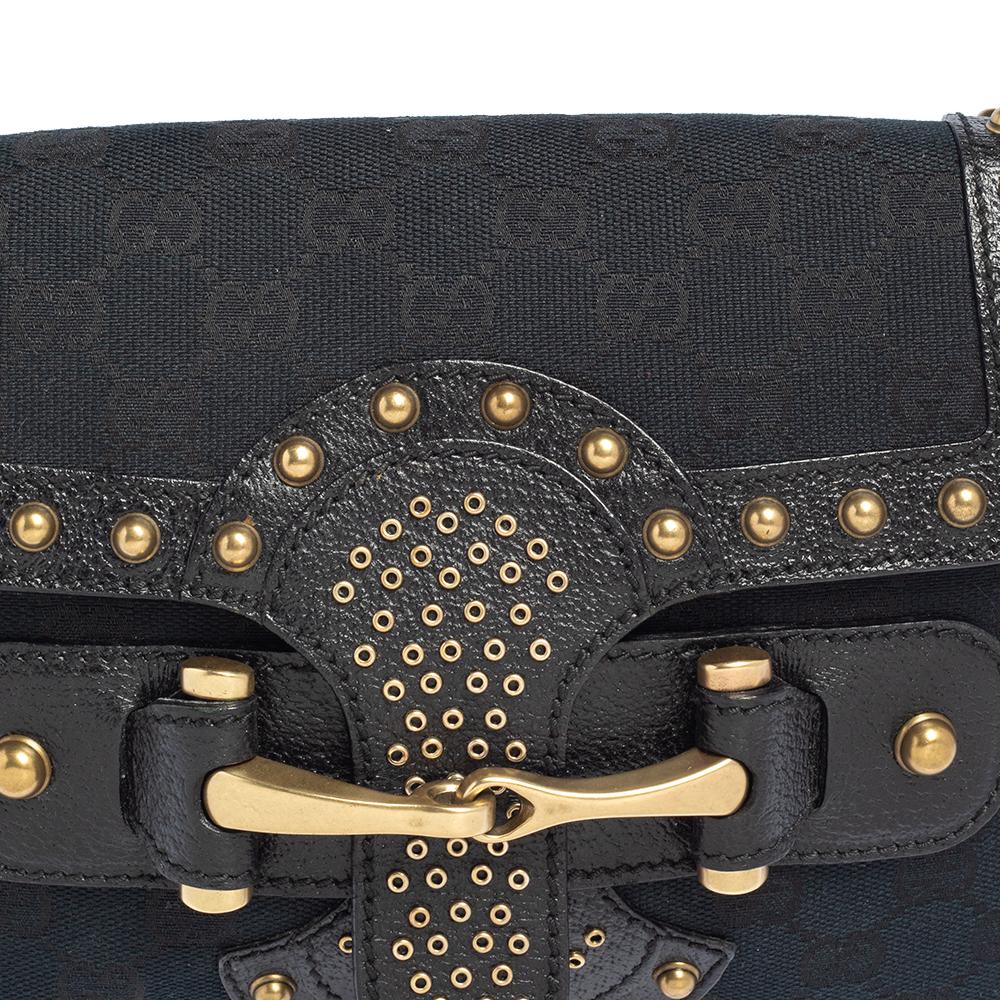 Gucci Black/Blue GG Canvas and Leather Studded Pelham Runway Flap Shoulder Bag 7