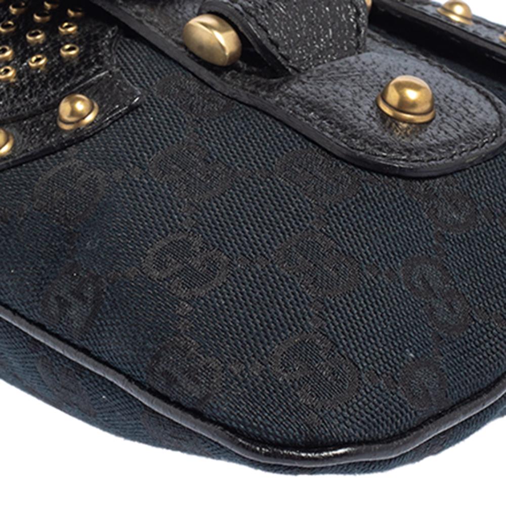 Gucci Black/Blue GG Canvas and Leather Studded Pelham Runway Flap Shoulder Bag 3