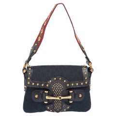 Gucci Black/Blue GG Canvas and Leather Studded Pelham Runway Flap Shoulder Bag