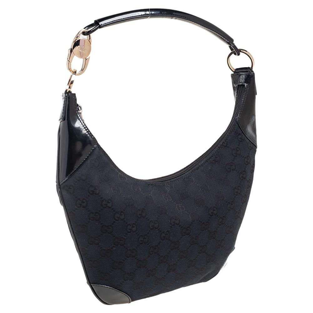Women's Gucci Black/Blue GG Canvas and Patent Leather Hobo