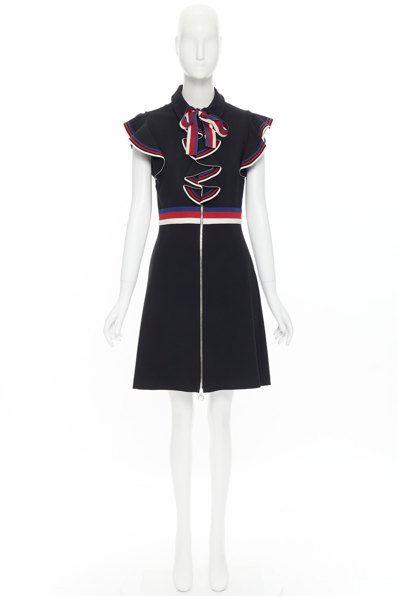 GUCCI black blue red white web ribbon bow flutter sleeve cocktail dress XL 2