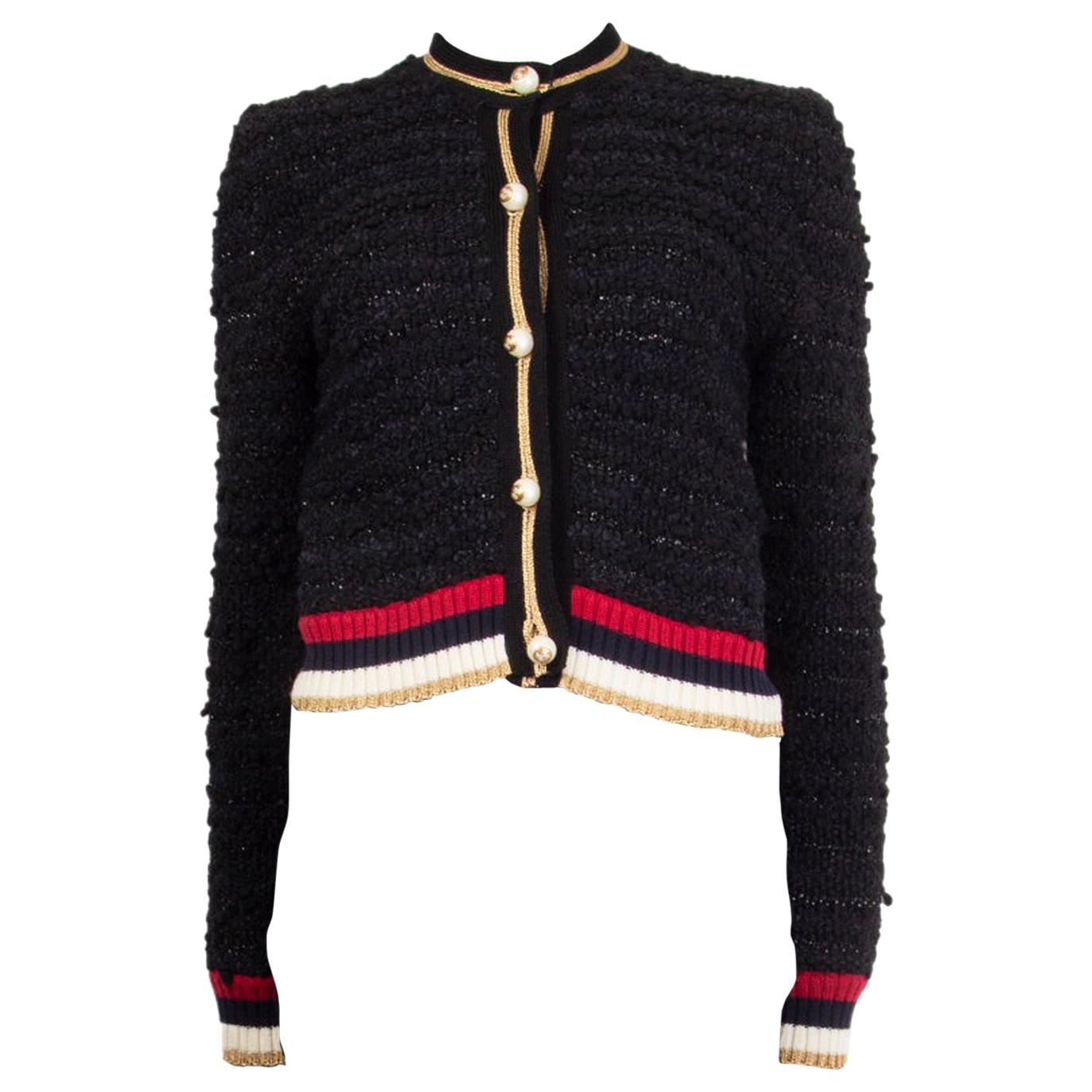 GUCCI black BOUCLE KNIT WEB Short Cardigan Sweater S