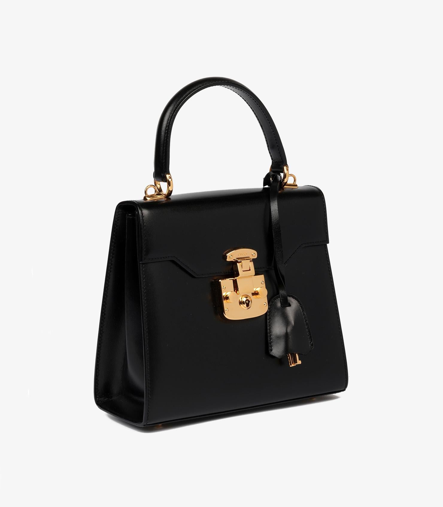 Gucci Black Box Calf Leather Vintage Lady Lock Top Handle Shoulder Bag In Excellent Condition In Bishop's Stortford, Hertfordshire