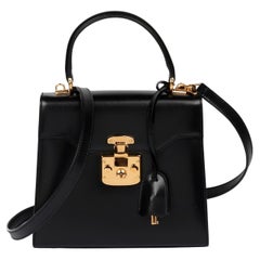 Gucci Black Box Calf Leather Vintage Lady Lock Top Handle Shoulder Bag