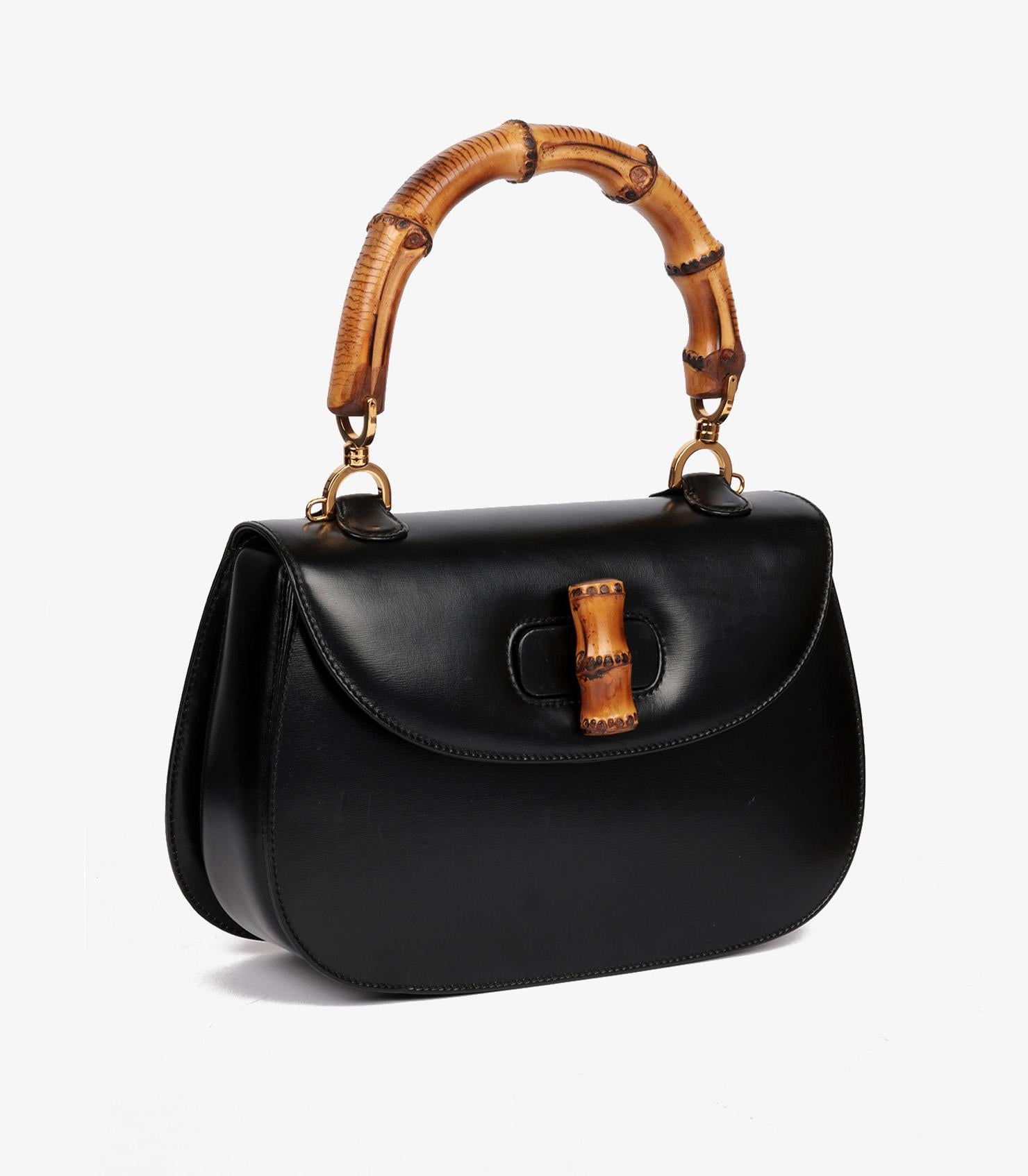 Gucci Black Box Calfskin Leather Vintage Medium Classic Bamboo Top Handle In Good Condition In Bishop's Stortford, Hertfordshire