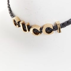 GUCCI black braided calf leather gold tone logo choker necklace
