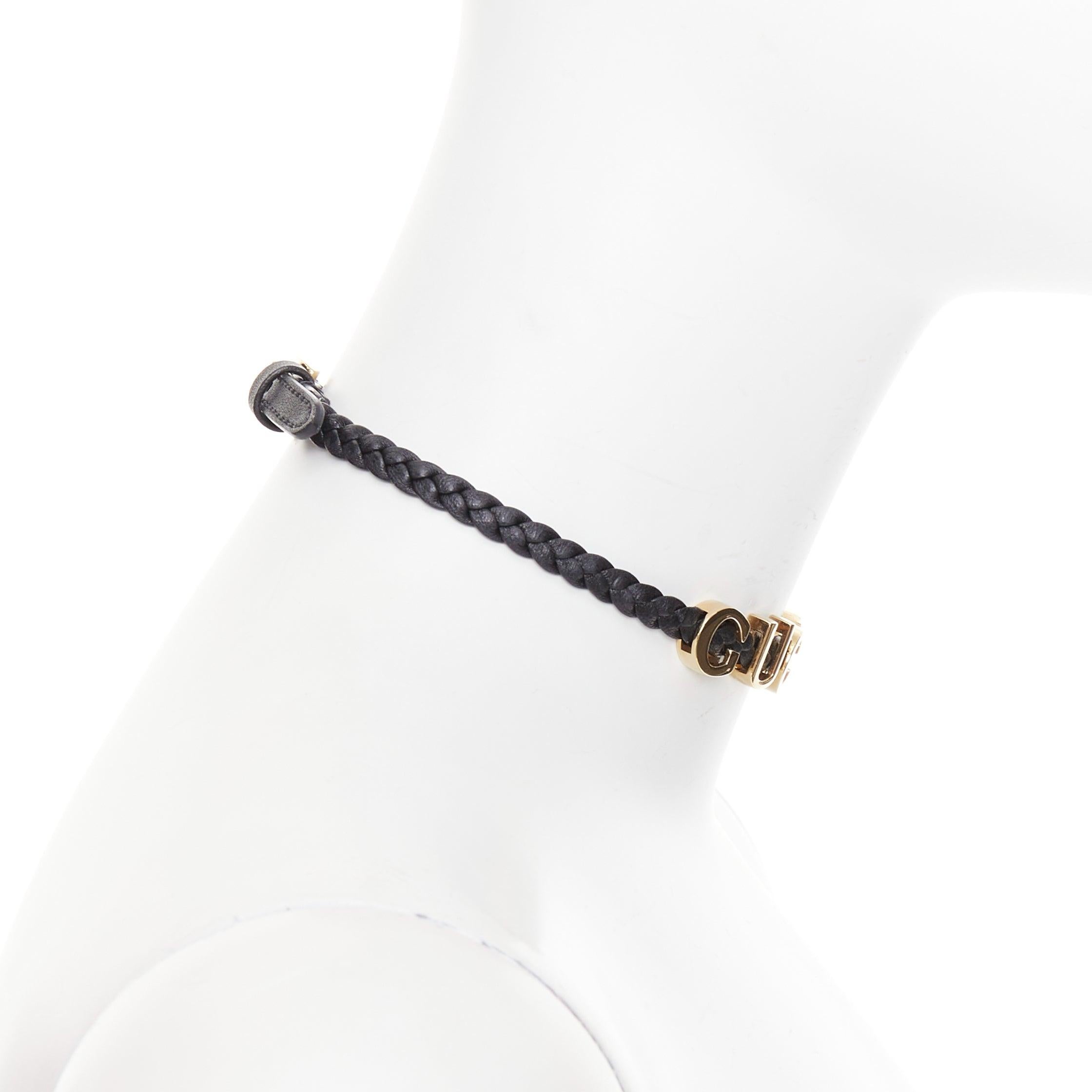 GUCCI schwarzes geflochtenes Kalbsleder, goldfarbenes Logo-Collier Damen