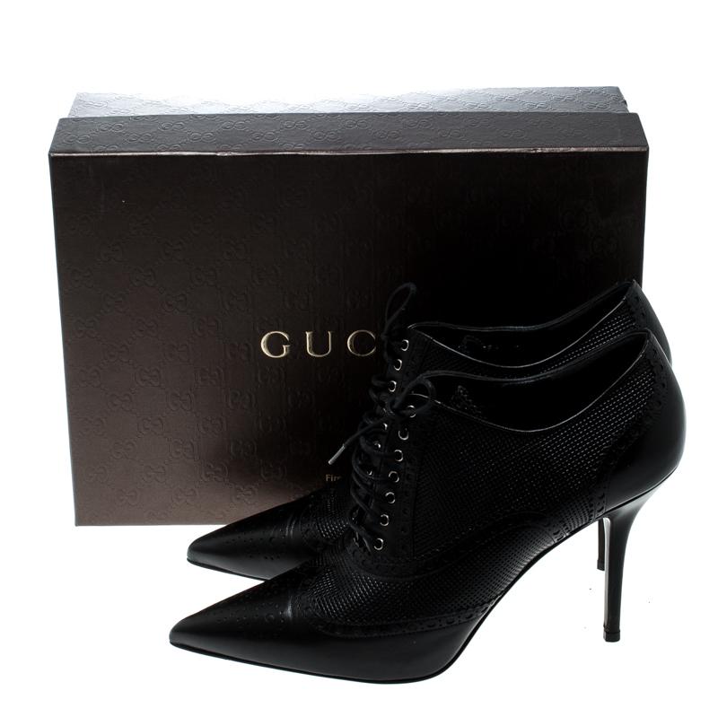 Gucci Black Brogue And Textured Leather Gia Pointed Toe Lace Up Ankle Booties 4
